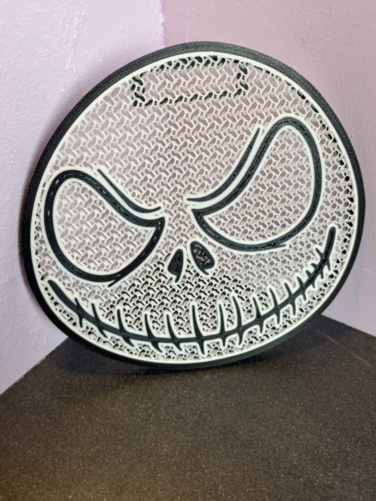 3D printed Jack Skellington pin board with Pumpkin King design for displaying enamel pins
