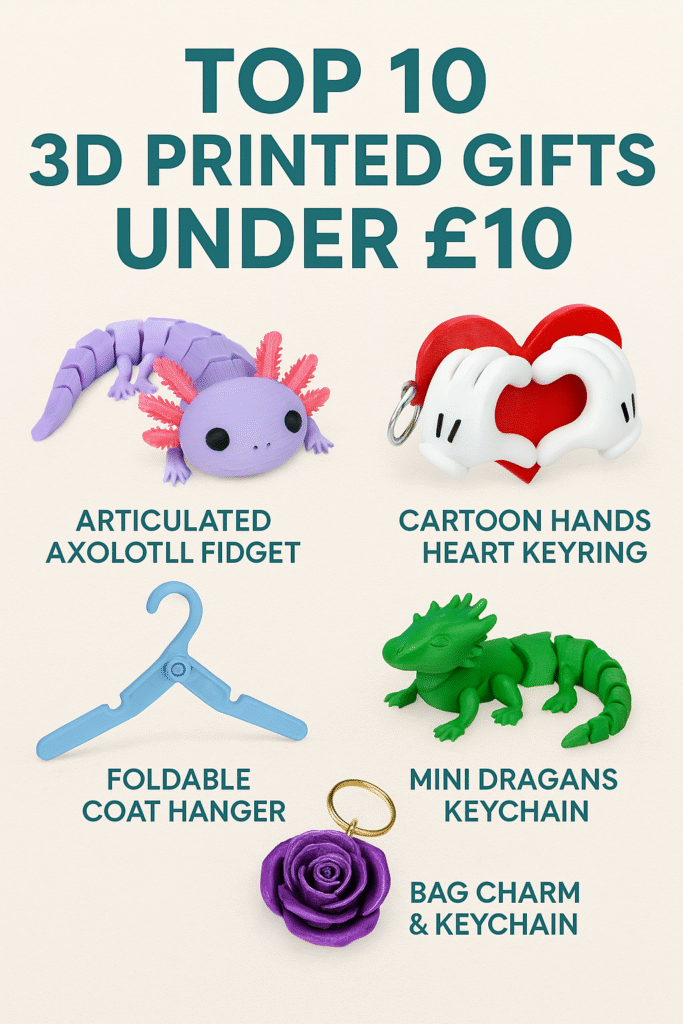 Promotional graphic showing Top 10 3D printed gifts under £10 with colourful fidget toys, keyrings, and geeky gift items on display.