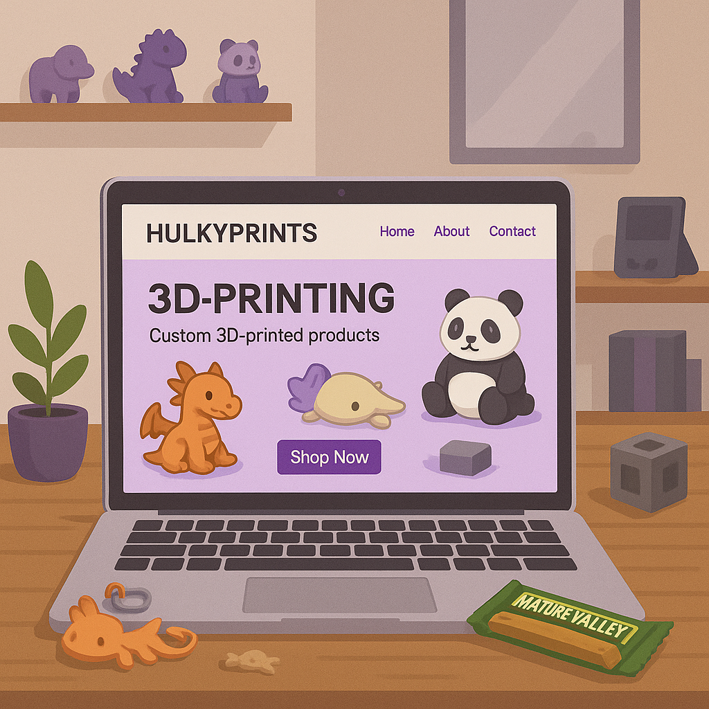 HulkyPrints on a laptop screen with models dotted around the image in a cartoon style