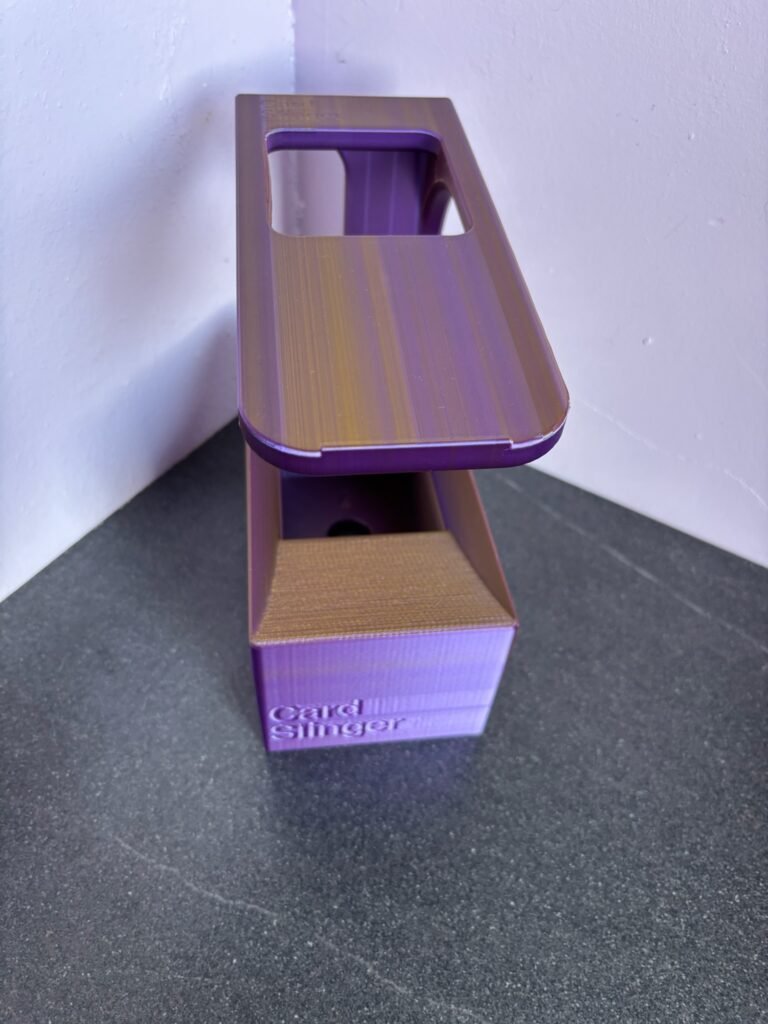 3D printed TCG card sorting station in purple and gold PLA