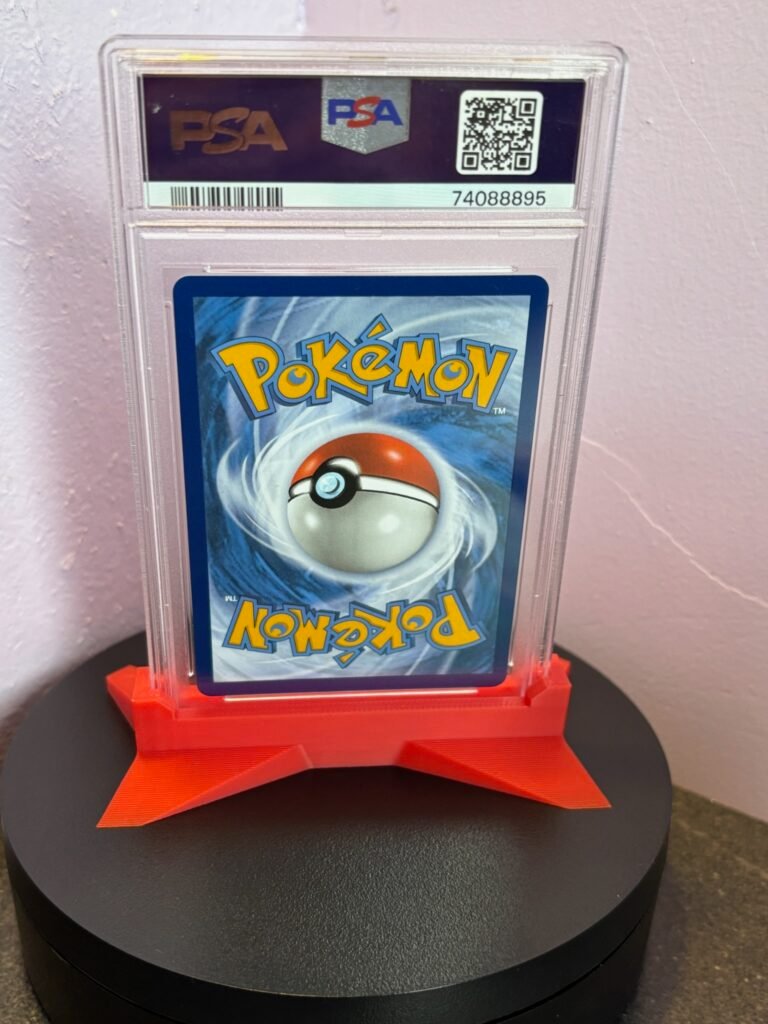 Pokémon slab holder stand with PSA-graded card on display