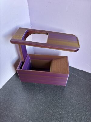3D printed TCG card sorting station in purple and gold PLA