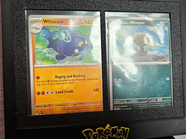 Black 3D-printed Pokémon card display frame holding two sleeved cards