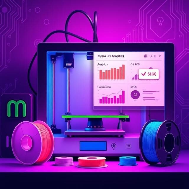 Monitor with filament reels in front showing SEO scores in the background
