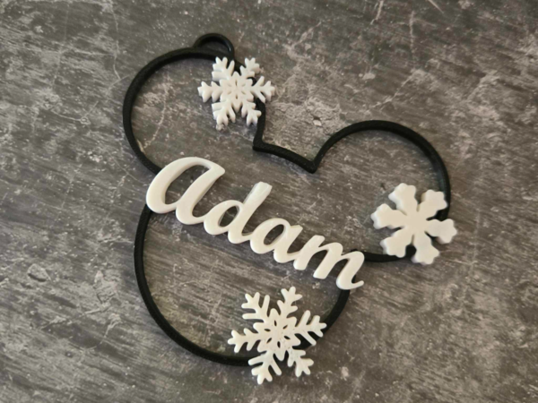 Custom Mickey dangle Custom mouse Christmas ornament with snowflakes and name