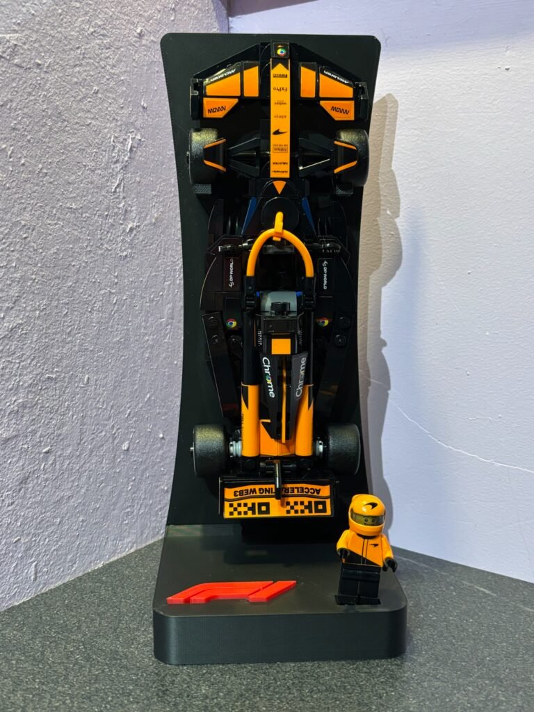 Freestanding LEGO F1 Speed Champions car and minifigure stand