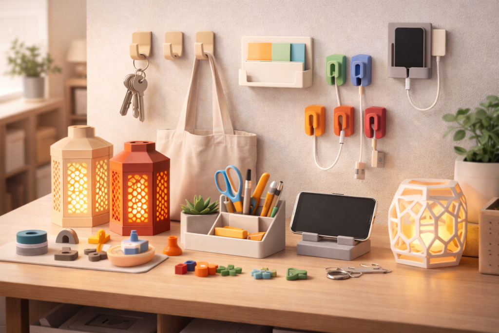 Desk showing 3D printed items