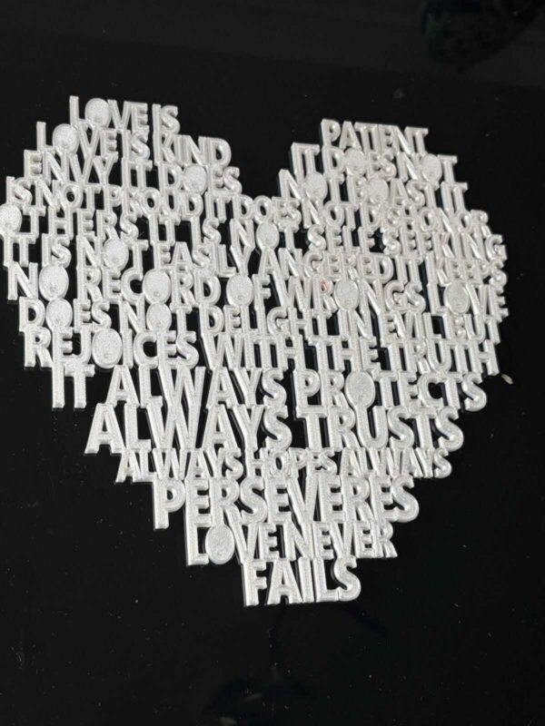 1 Corinthians 13 love heart wall art — 3D printed pearlescent white scripture heart on black background, full Bible verse typography, UK made Christian wedding gift