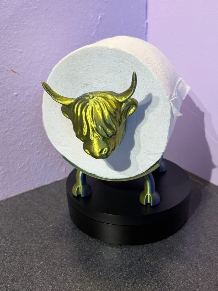 Gold metallic highland cow toilet roll holder — 3D printed freestanding loo roll stand with detailed shaggy cow head, UK made bathroom accessory