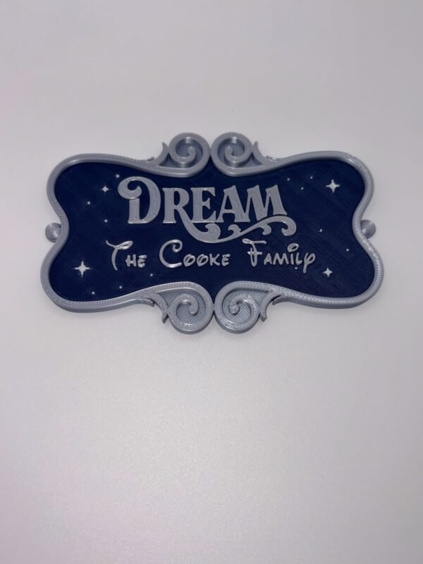 personalised magical cruise ornate stateroom door plaque 'dream'. 3d printed navy & silver scroll magnet sign
