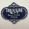 personalised magical cruise treasure door plaque 'treasure'. 3d printed navy & silver quatrefoil stateroom sign