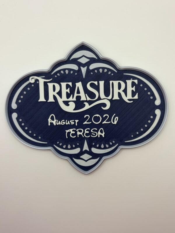 personalised magical cruise treasure door plaque 'treasure'. 3d printed navy & silver quatrefoil stateroom sign