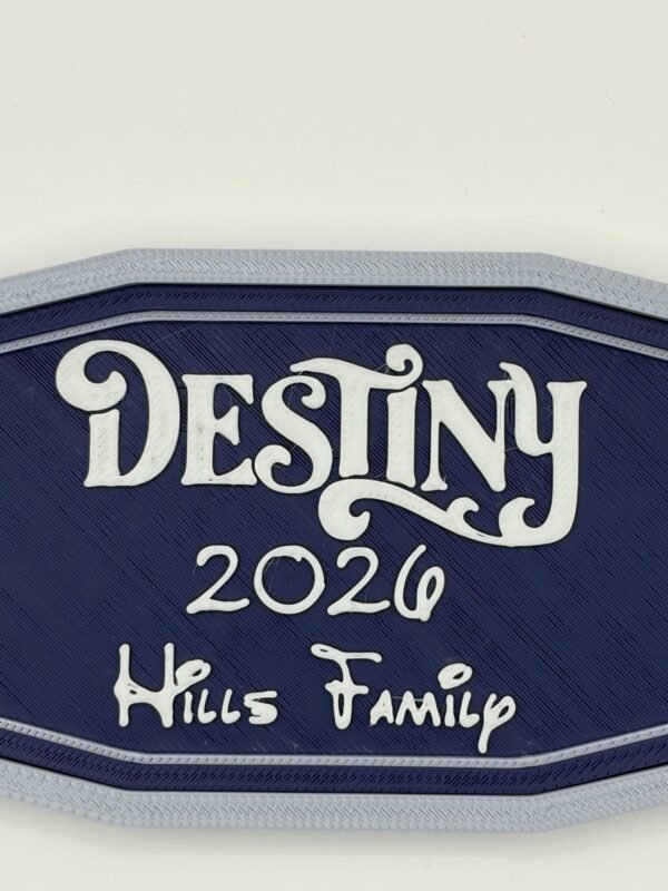 Close-up of 3D printed personalised cruise classic door plaque — ornate enchanted font ship name with custom year and family name on deep navy background, silver-grey classic border frame, UK made