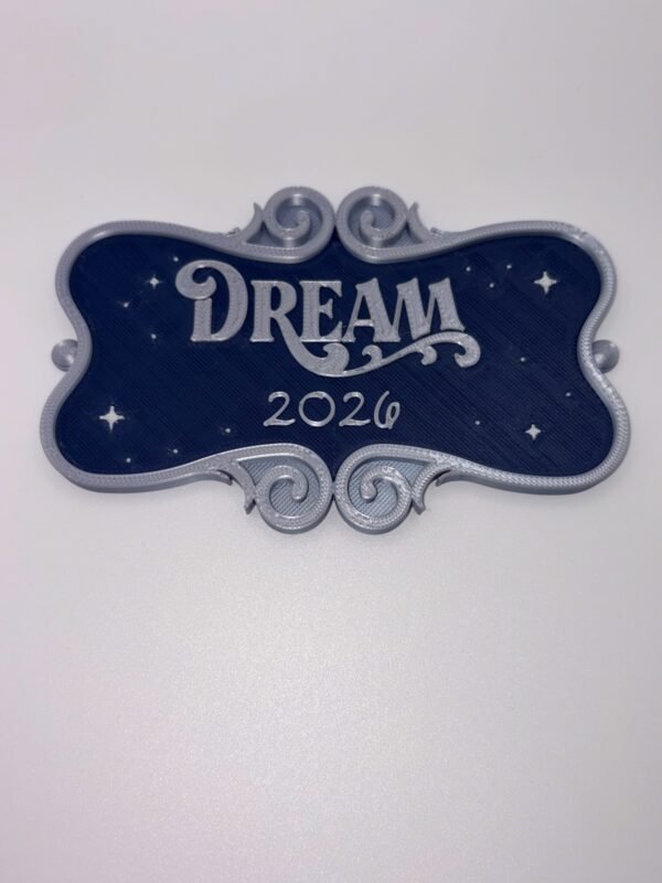 personalised magical cruise ornate stateroom door plaque 'dream'. 3d printed navy & silver scroll magnet sign