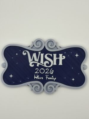 Personalised magical cruise ship name door plaque — navy blue starry night background with silver ornate scroll frame, showing "Wish 2026 Hills Family" in white raised text, UK 3D printed cruise magnet