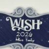 Close-up of personalised cruise ship name door plaque — enchanted ornate font ship name "Wish" with custom date and family name on deep navy starry background, silver scroll border, 3D printed UK