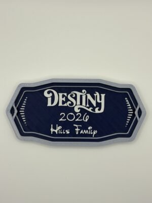 Personalised magical cruise classic door plaque magnet — navy blue octagonal stateroom sign with silver border, enchanted ship name, custom date and family name in white raised text, UK 3D printed