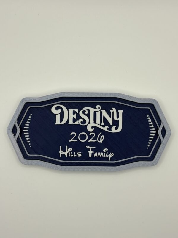 Personalised magical cruise classic door plaque magnet — navy blue octagonal stateroom sign with silver border, enchanted ship name, custom date and family name in white raised text, UK 3D printed