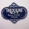 Personalised magical cruise Treasure door plaque magnet — navy blue quatrefoil shaped stateroom sign with silver ornate frame, showing ship name, date and personalised name in raised white text, UK 3D printed