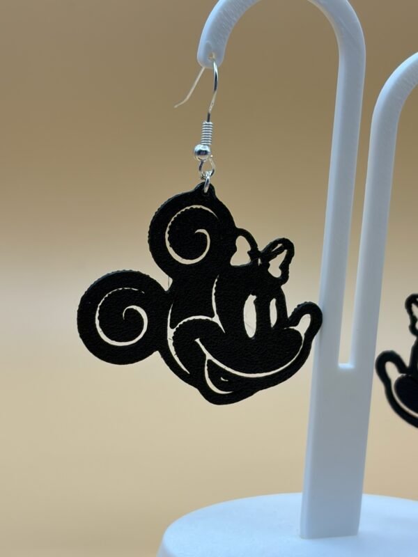 Close-up of black magic bow mouse dangle earring showing swirl ears, bow and facial detail - HulkyWears 3D printed jewellery UK