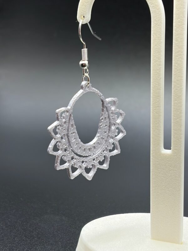 Close-up of silver mandala hoop dangle earring showing open oval hoop and filigree heart-petal fan detail - HulkyWears 3D printed jewellery