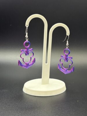 Pair of purple-blue silk Mickey anchor dangle earrings on display stand - HulkyWears 3D printed jewellery UK
