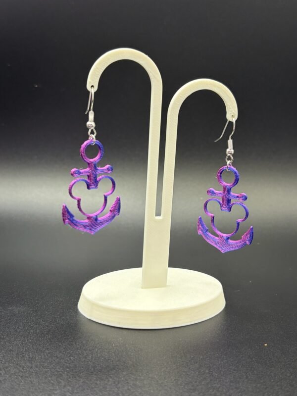 Pair of purple-blue silk Mickey anchor dangle earrings on display stand - HulkyWears 3D printed jewellery UK