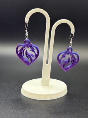 Pair of purple-blue silk horse heart dangle earrings on display stand - 3D printed EcoPlastic jewellery by HulkyWears UK
