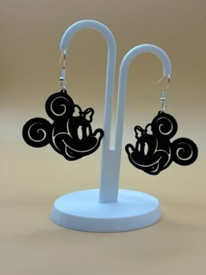 Pair of black magic bow mouse dangle earrings on display stand - 3D printed EcoPlastic fan jewellery by HulkyWears UK