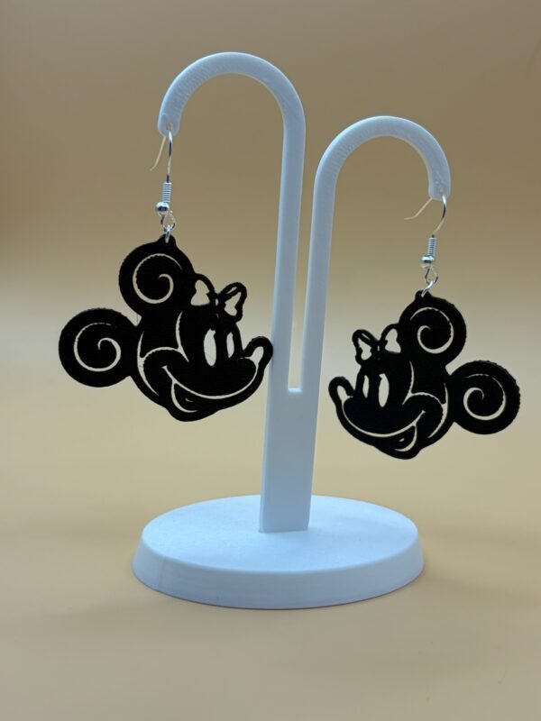 Pair of black magic bow mouse dangle earrings on display stand - 3D printed EcoPlastic fan jewellery by HulkyWears UK