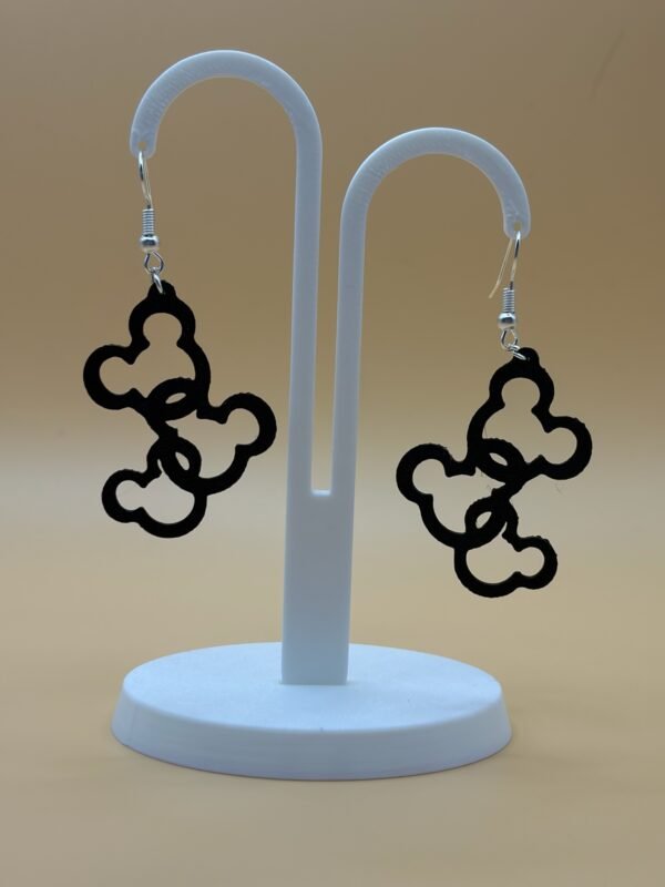 Pair of black Mickey head cluster dangle earrings on display stand - 3D printed Disney fan jewellery by HulkyWears UK