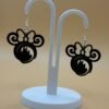 Pair of black Minnie Mouse magic castle dangle earrings on display stand - 3D printed Disney fan jewellery by HulkyWears UK