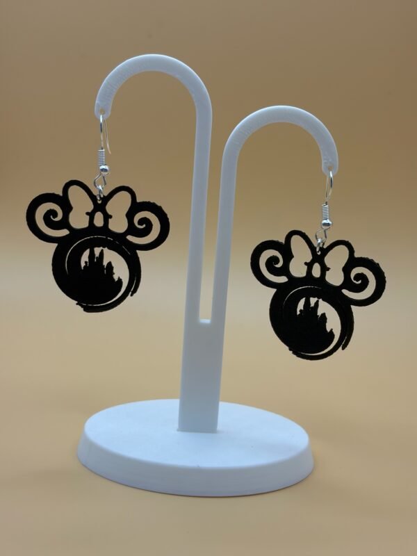 Pair of black Minnie Mouse magic castle dangle earrings on display stand - 3D printed Disney fan jewellery by HulkyWears UK