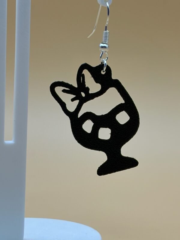 Close-up of black Minnie Mouse cocktail glass dangle earring showing bow and glass silhouette detail - HulkyWears 3D printed jewellery UK