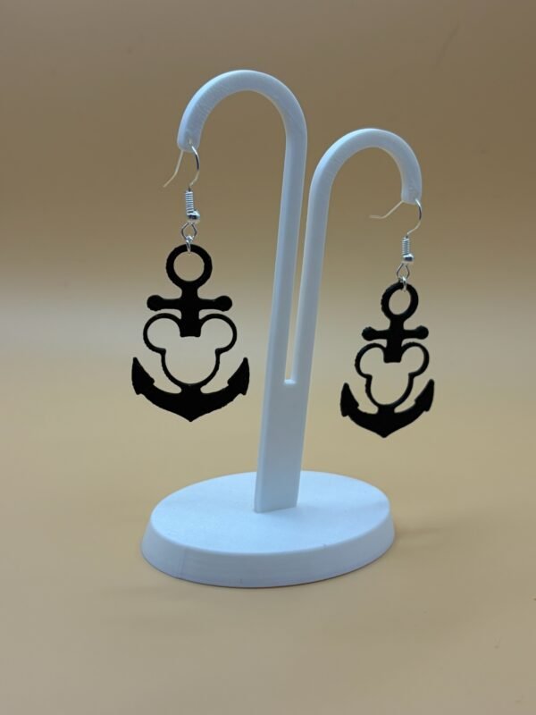 Close-up of black Mickey anchor dangle earring with silver hook - 3D printed EcoPlastic fan jewellery by HulkyWears UK