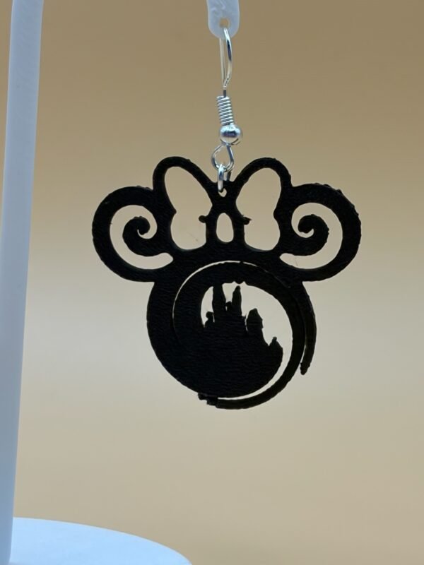Black Minnie Mouse magic castle dangle earring prototype showing swirl ears, bow and castle silhouette - HulkyWears 3D printed jewellery UK