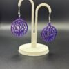 Pair of purple-blue silk rose voronoi disc dangle earrings on display stand - 3D printed romantic jewellery by HulkyWears UK