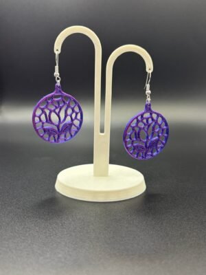 Pair of purple-blue silk tulip voronoi disc dangle earrings on display stand - 3D printed EcoPlastic boho jewellery by HulkyWears UK