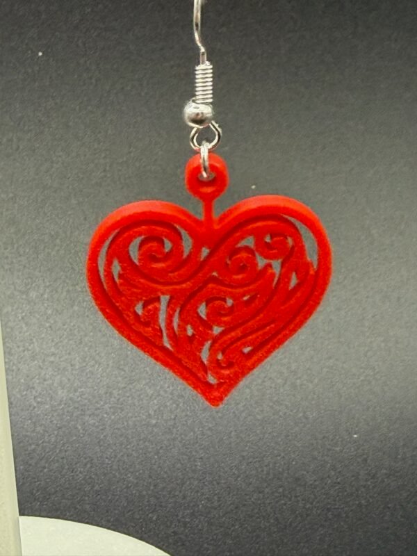 red filigree heart dangle earrings – 3d printed lightweight jewellery