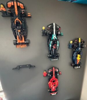 vertical wall mount display for lego speed champions f1 cars – includes minifigure & helmet pedestals (mount only)