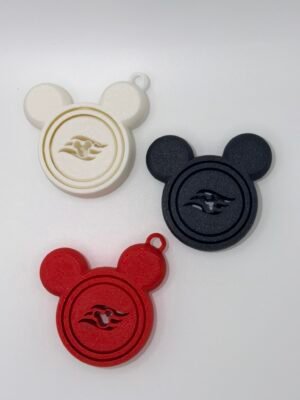 3D printed round ear cruise bag charms in white black and red