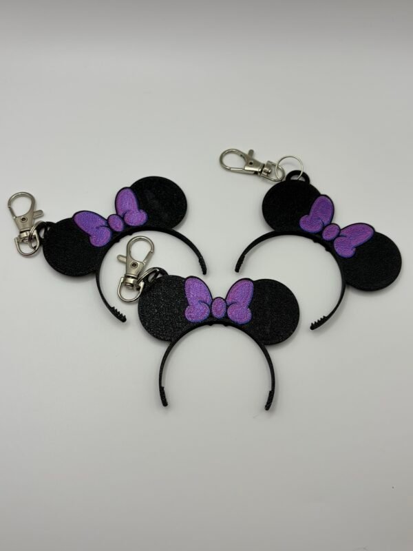 img 9171 3D printed Minnie ear headband keyring with silk blue pink bow on silver lobster clasp hanging from a Disney Loungefly bag