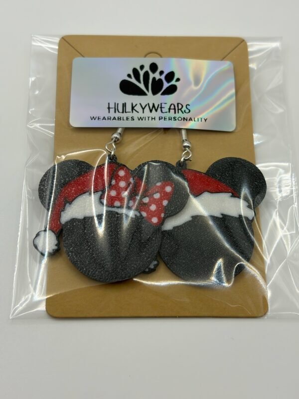 img 9176 HulkyWears 3D printed Mickey and Minnie Christmas Santa hat earrings on backing card in sealed packaging showing both mismatched designs