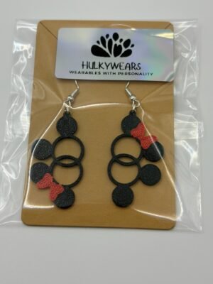 img 9181 HulkyWears 3D printed Minnie geometric bubble circle earrings on backing card in sealed packaging showing black cascading circles with red bow detail