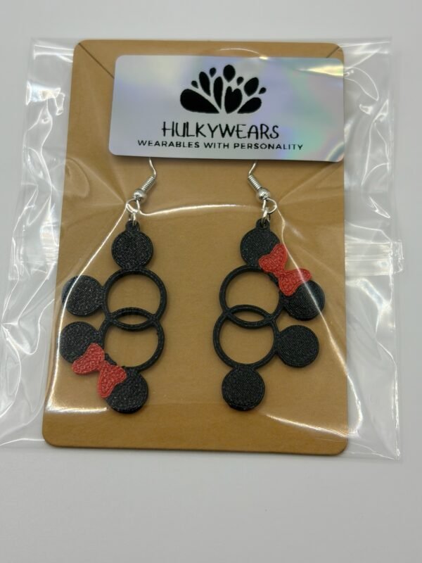 img 9181 HulkyWears 3D printed Minnie geometric bubble circle earrings on backing card in sealed packaging showing black cascading circles with red bow detail