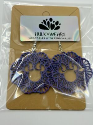 img 9188 HulkyWears 3D printed Minnie mandala filigree earrings in blue pink colour shifting flip PLA on backing card in sealed packaging showing intricate lace pattern with Minnie ear cutout