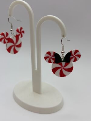 img 9191 HulkyWears 3D printed Mickey and Minnie peppermint candy Christmas earrings on backing card in sealed packaging showing red and white swirl design with green Minnie bow