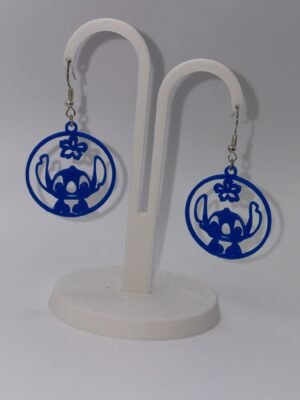 img 9202 3D printed blue Stitch circle silhouette earrings matching pair on white display stand showing full open circle filigree design with Stitch and hibiscus detail