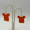 img 9203 3D printed orange Mickey ghost Halloween earrings matching pair on white display stand showing full ghost silhouette with Mickey ears and wavy base