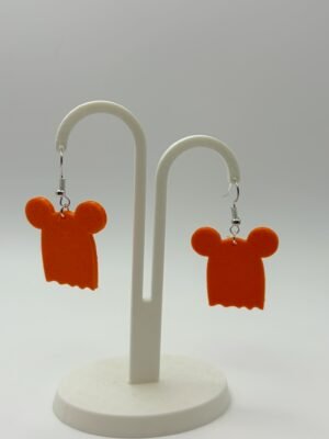 img 9203 3D printed orange Mickey ghost Halloween earrings matching pair on white display stand showing full ghost silhouette with Mickey ears and wavy base